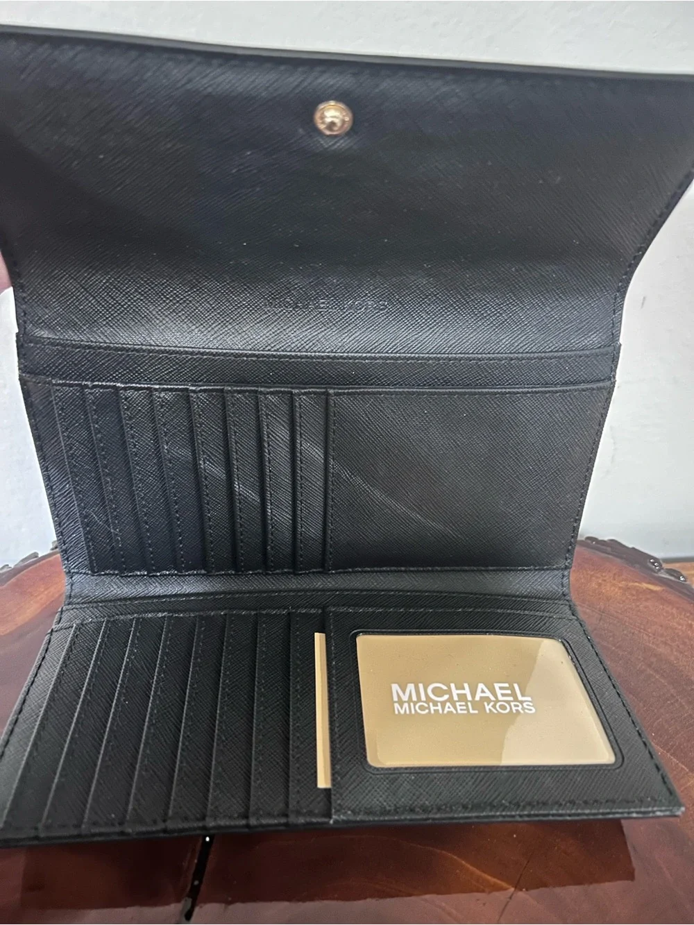 NWT Michael Kors Black Leather Trifold Wallet with Gold Hardware